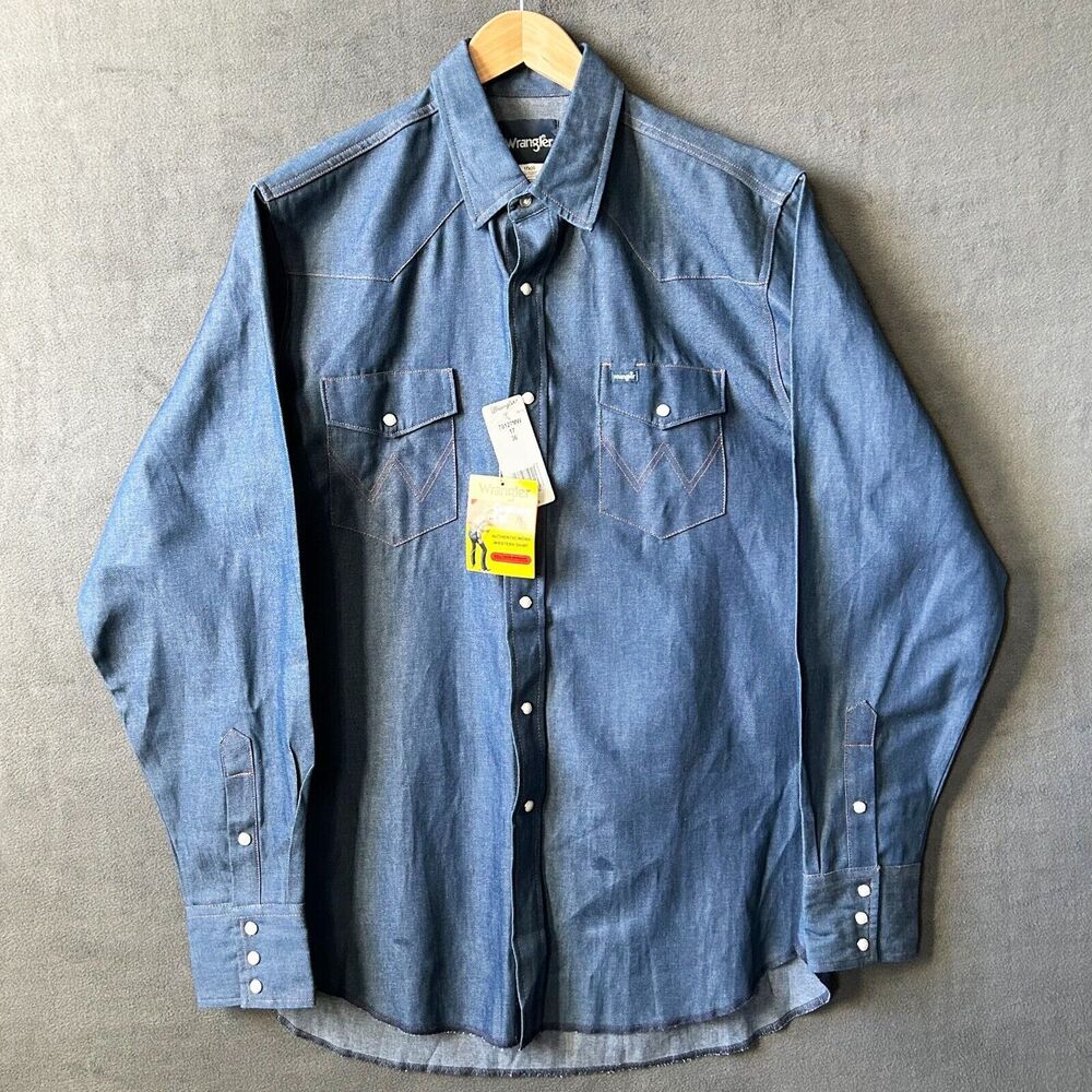Vintage Wrangler Denim Snap Front Shirt Men's 17 x 36 Cowboy Cut Deadstock